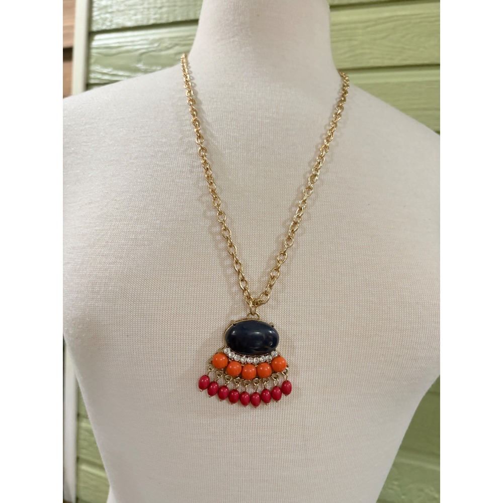 Gold Tone Navy Blue Orange Pink Beaded Statement Bib Necklace Rhinestone Accent